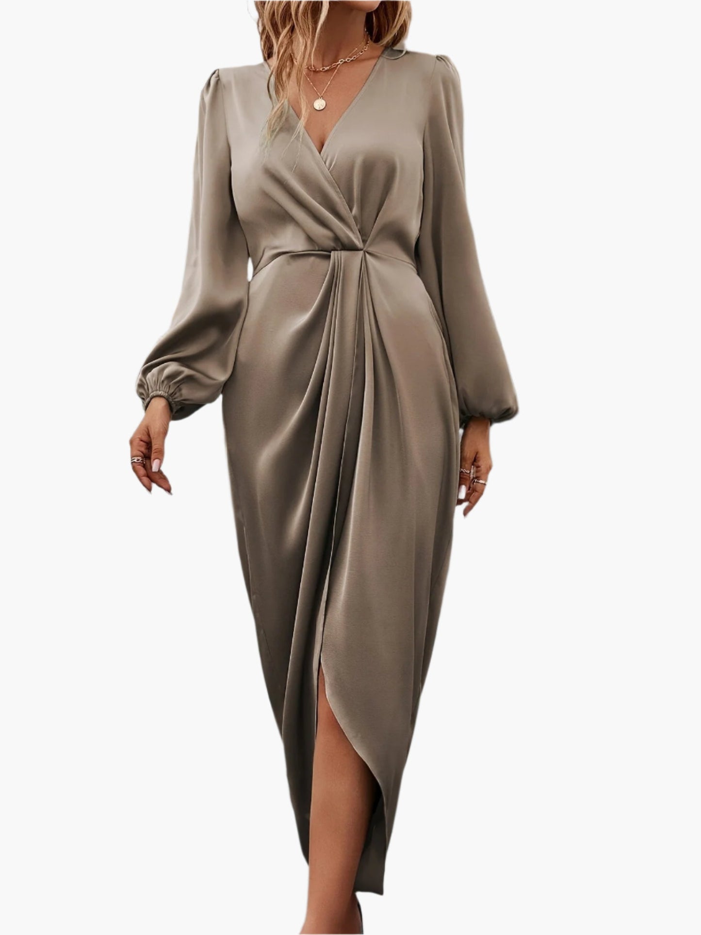 Damen Festliches Wickelkleid mit Raffungen und V-Ausschnitt – Elegantes Abendkleid für besondere Anlässe
