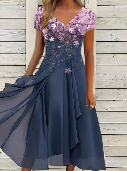 Damen Elegantes Chiffonkleid mit Blumenmuster und V-Ausschnitt – Festliche A-Linien Sommermode