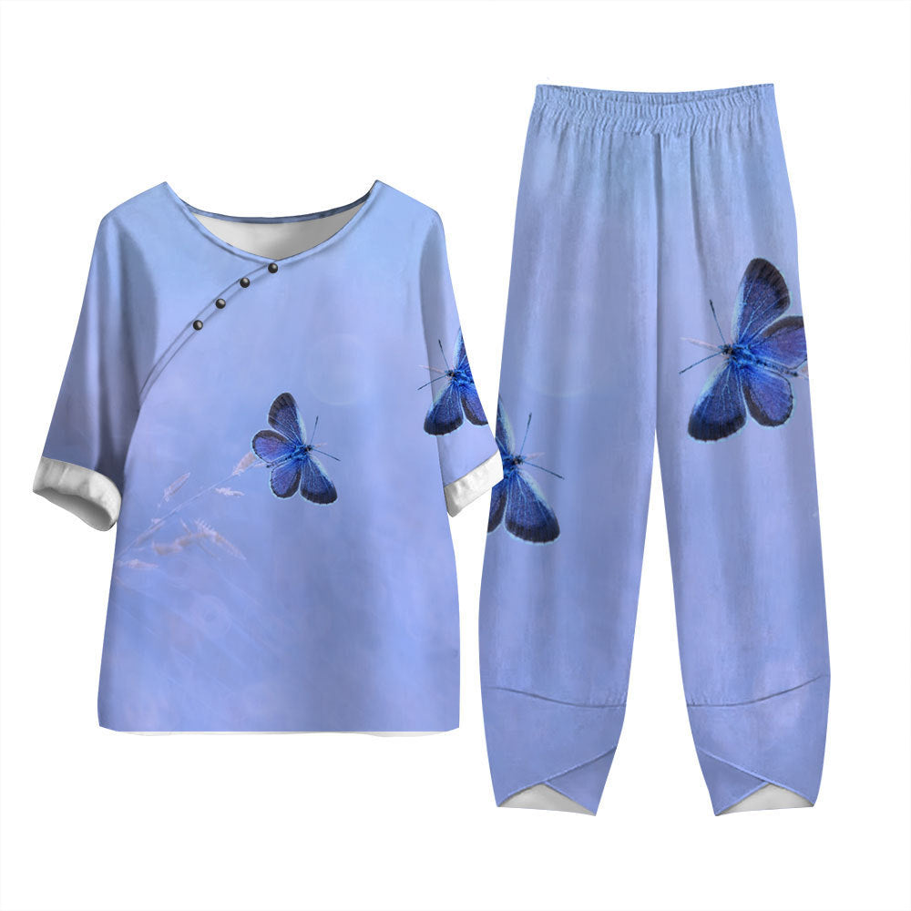 Damen Freizeit Zweiteiler Set – Lockeres Oberteil mit Libellen-Print und Asiatisch Inspirierten Hosen, Modisch für Alltag und Urlaub