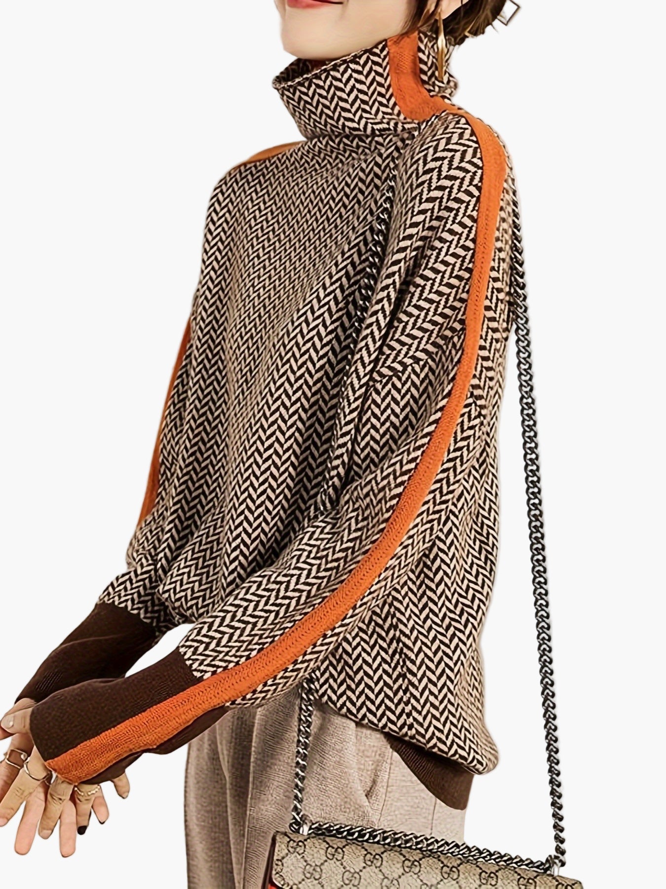 Damen Eleganter Patchwork Strickpullover mit Stehkragen – Modischer Herbst/Winter Alltagslook