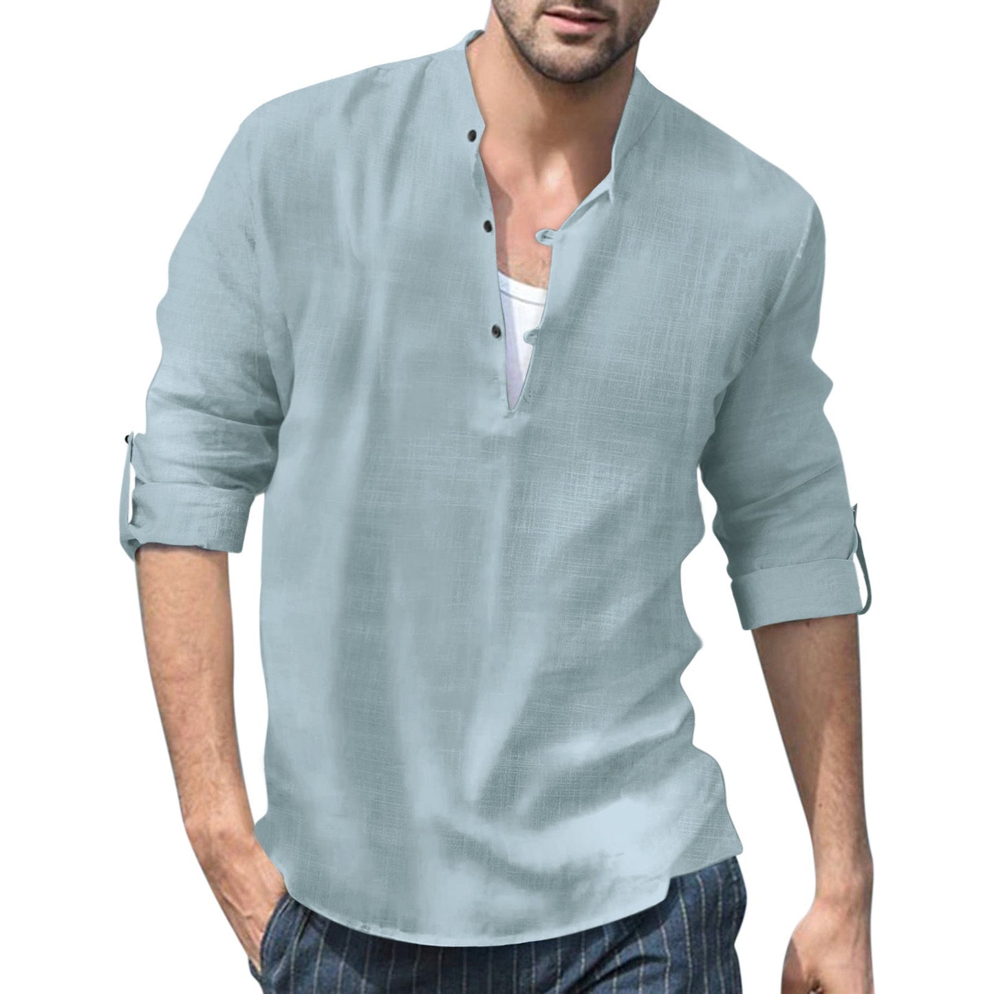 Herren Leinen Freizeithemd mit Stehkragen – Lockere Passform, Langarm, Ideal für Strand und Alltag