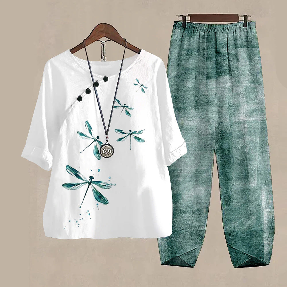 Damen Freizeit Zweiteiler Set – Lockeres Oberteil mit Libellen-Print und Asiatisch Inspirierten Hosen, Modisch für Alltag und Urlaub