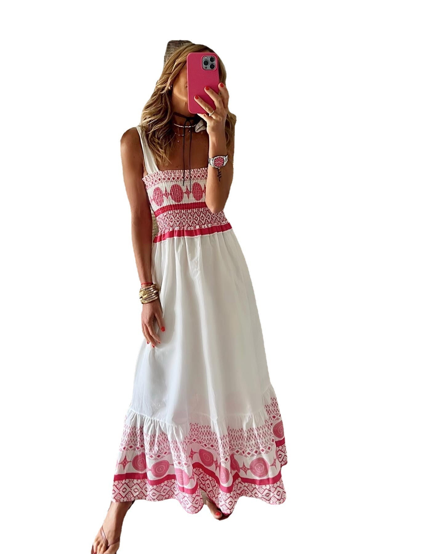 Deborah – Bedrucktes, elastisches, langes Kleid mit Schnürung