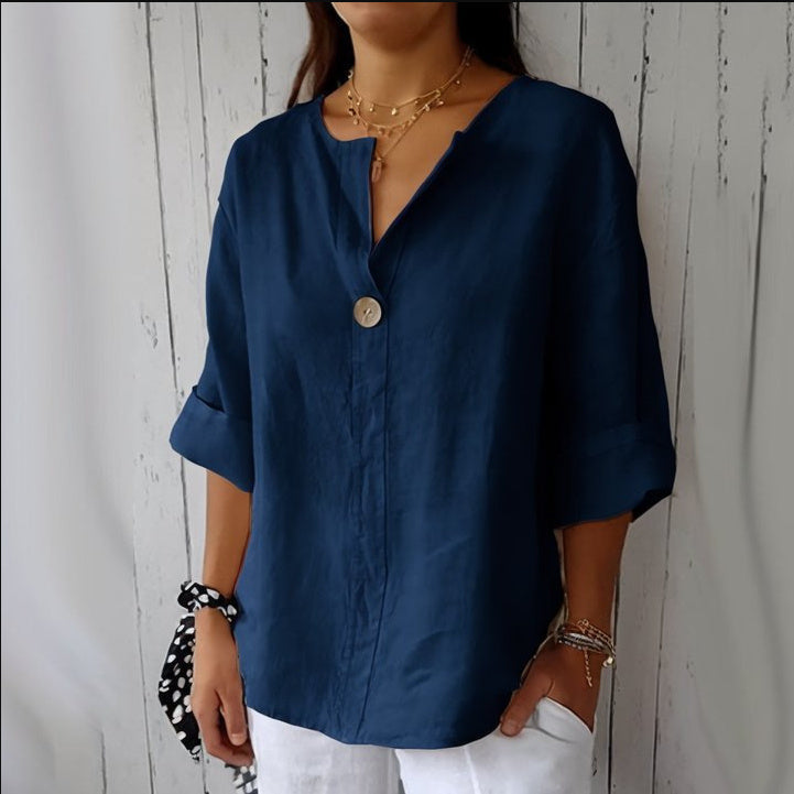 Rose – Lockere Damen T-Shirt mit V-Ausschnitt aus Baumwolle und Leinen mit Knopf