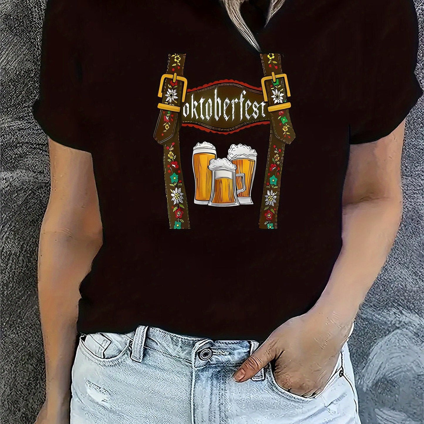 Damen Oktoberfest T-Shirt mit Bier Print – Lockeres Festivalshirt für Volksfeste & Partys