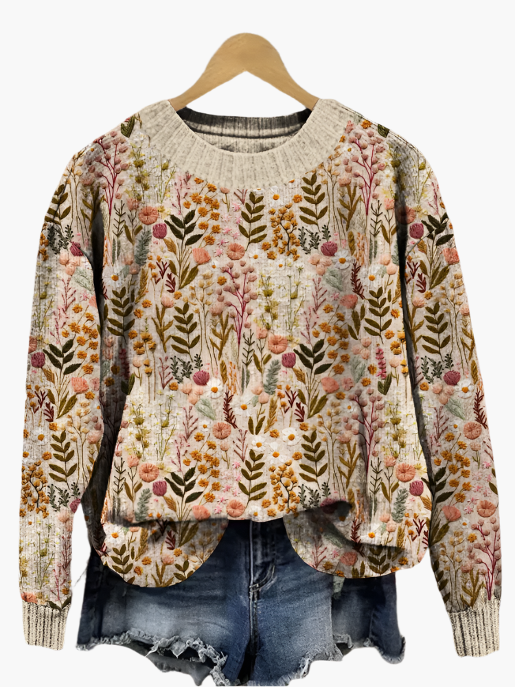Damen Pullover im floralen Vintage-Design – Bequemer Strick für Alltag & Freizeit