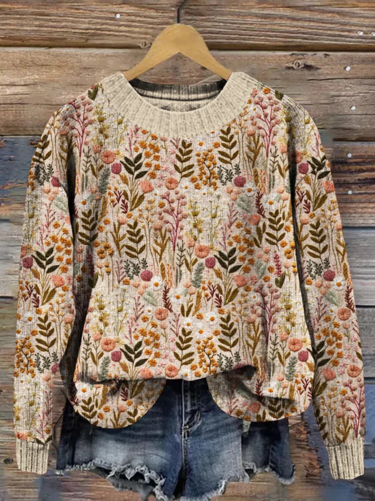 Damen Pullover im floralen Vintage-Design – Bequemer Strick für Alltag & Freizeit