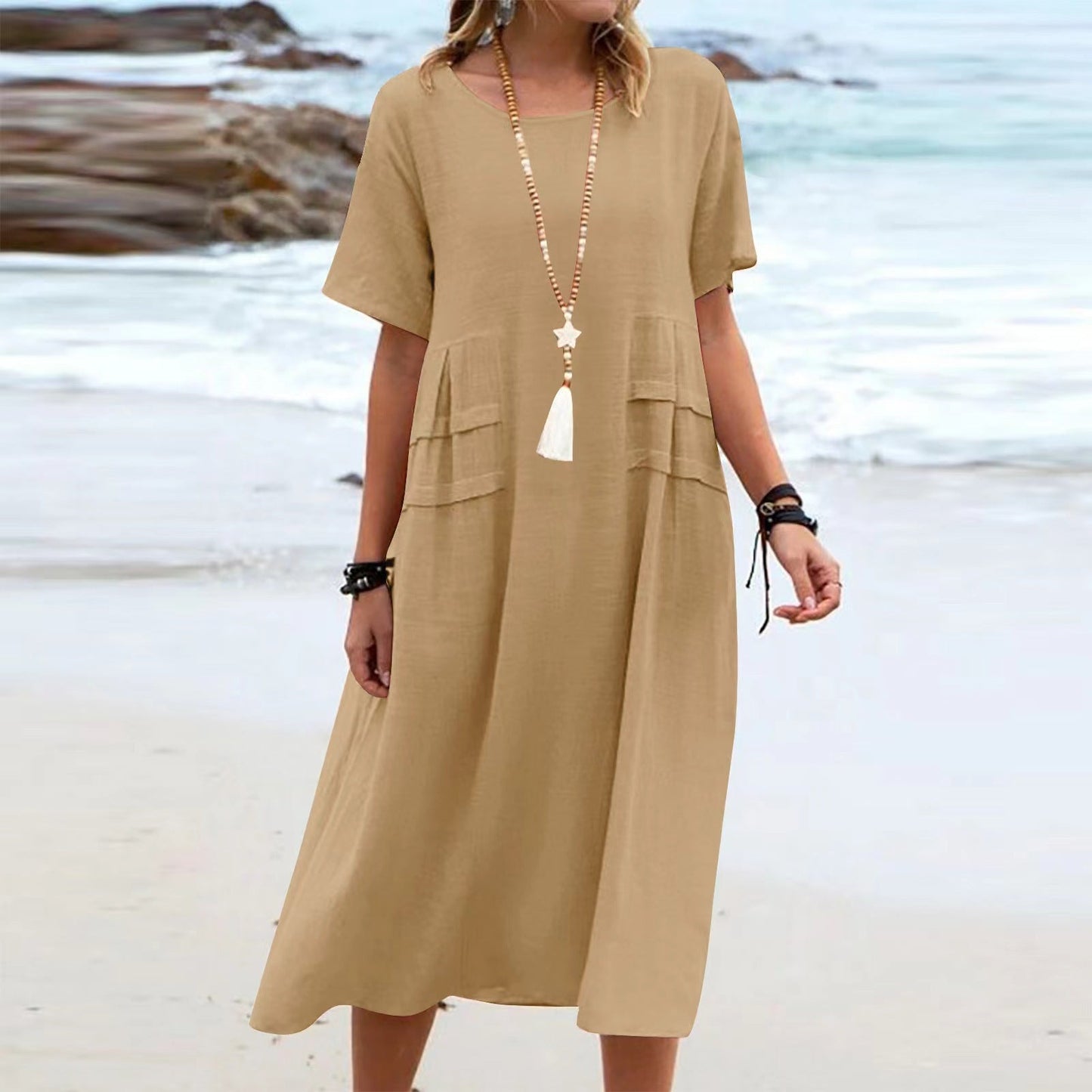 Lucy – Lässiges Midi-Kleid aus atmungsaktiver Baumwolle und Leinen mit kurzen Ärmeln
