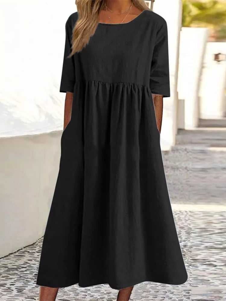 Imogen – Lässiges Damenkleid aus Baumwolle und Leinen mit kurzen Ärmeln und Taschen
