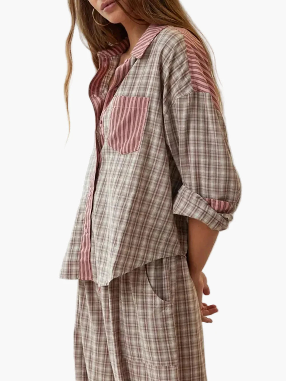 Damen Pyjama Zweiteiler – Modernes Streifen-Karo Design, Lässig & Bequem für Zuhause