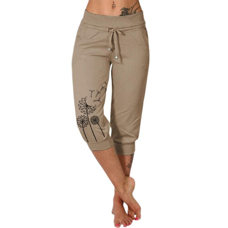 Robyn – Modische Bedruckte Hohe Taille Spitzenbesatz Cropped Hose
