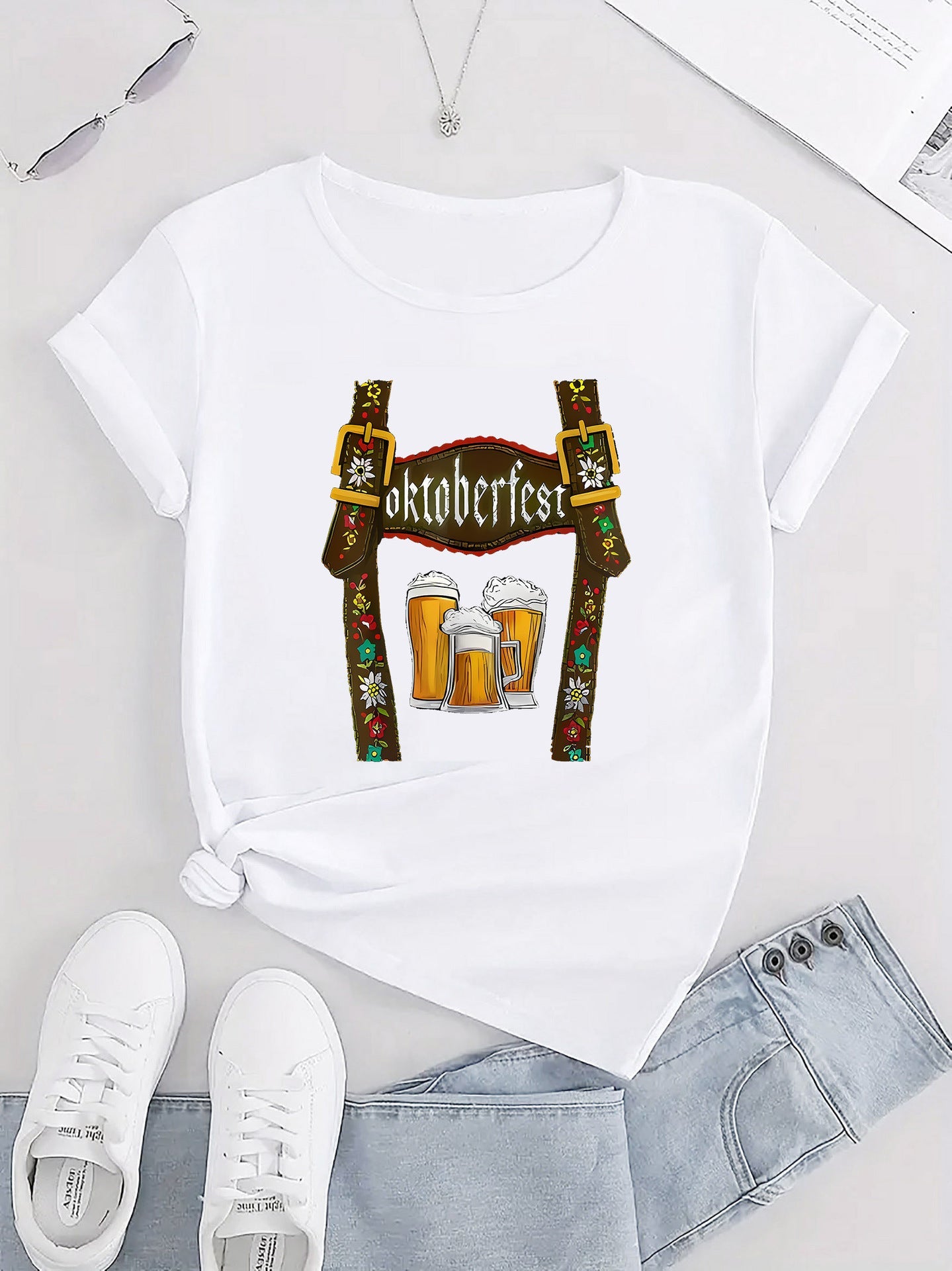 Damen Oktoberfest T-Shirt mit Bier Print – Lockeres Festivalshirt für Volksfeste & Partys