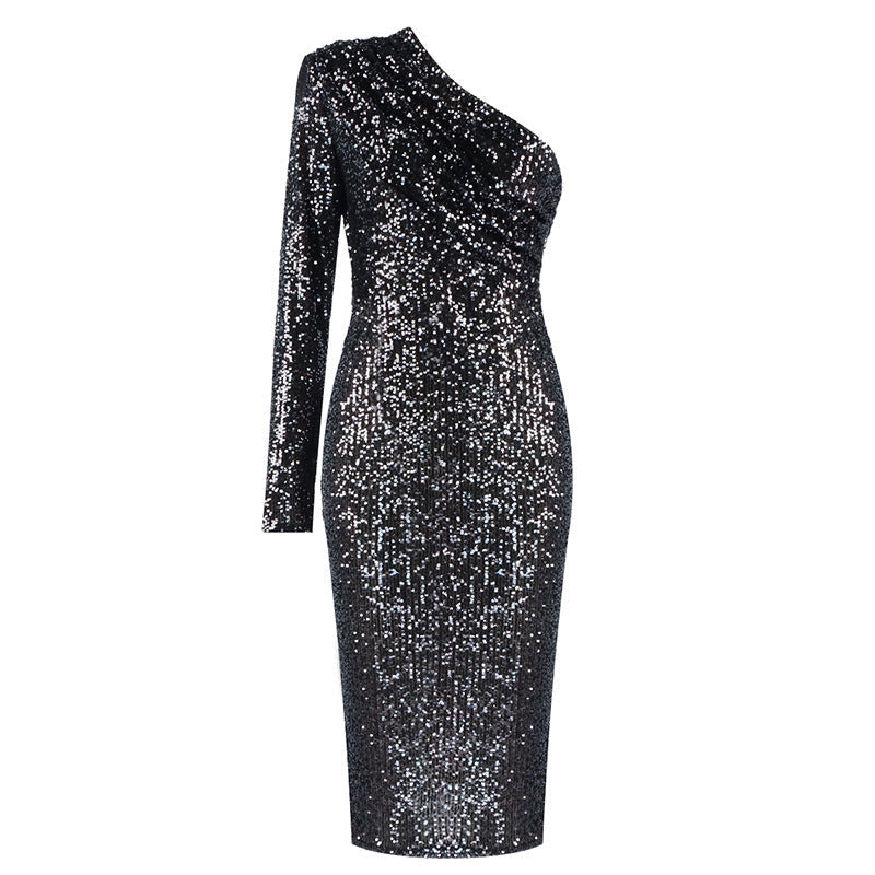 Audrey – Einseitiges Kleid mit schrägem Kragen und Pailletten für den Abend
