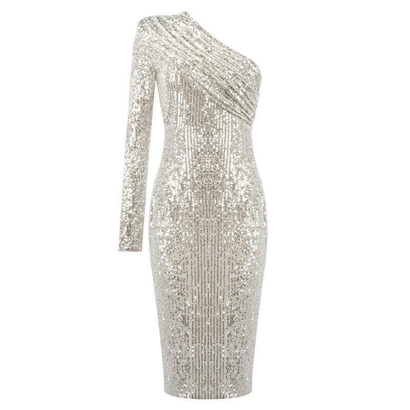 Audrey – Einseitiges Kleid mit schrägem Kragen und Pailletten für den Abend