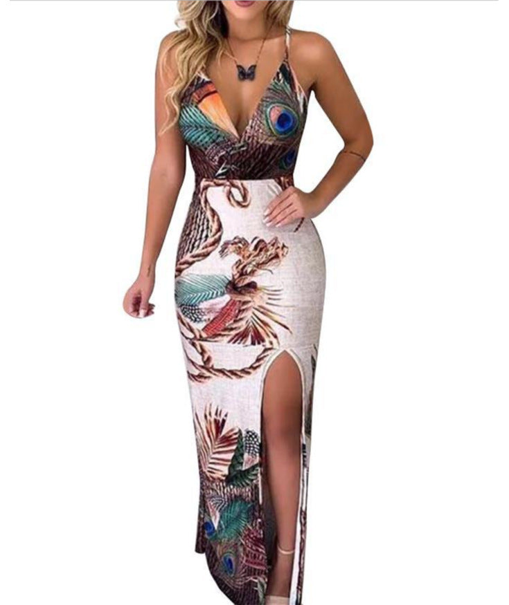 Caroline – Elegantes Damen-Slingkleid mit V-Ausschnitt und Pfauenmuster