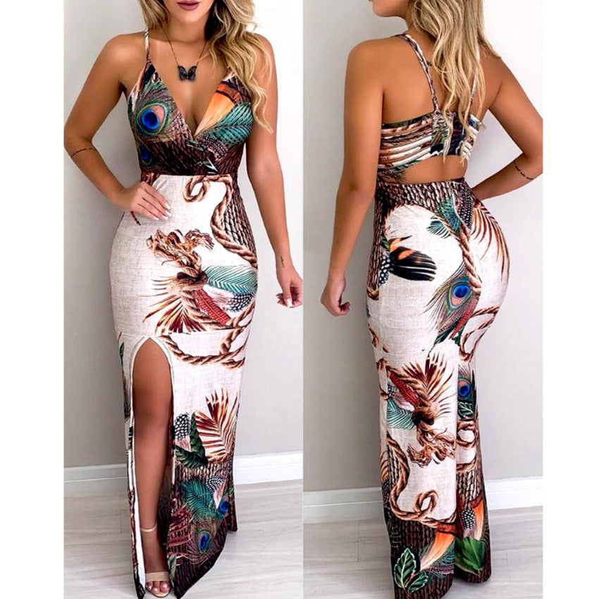 Caroline – Elegantes Damen-Slingkleid mit V-Ausschnitt und Pfauenmuster