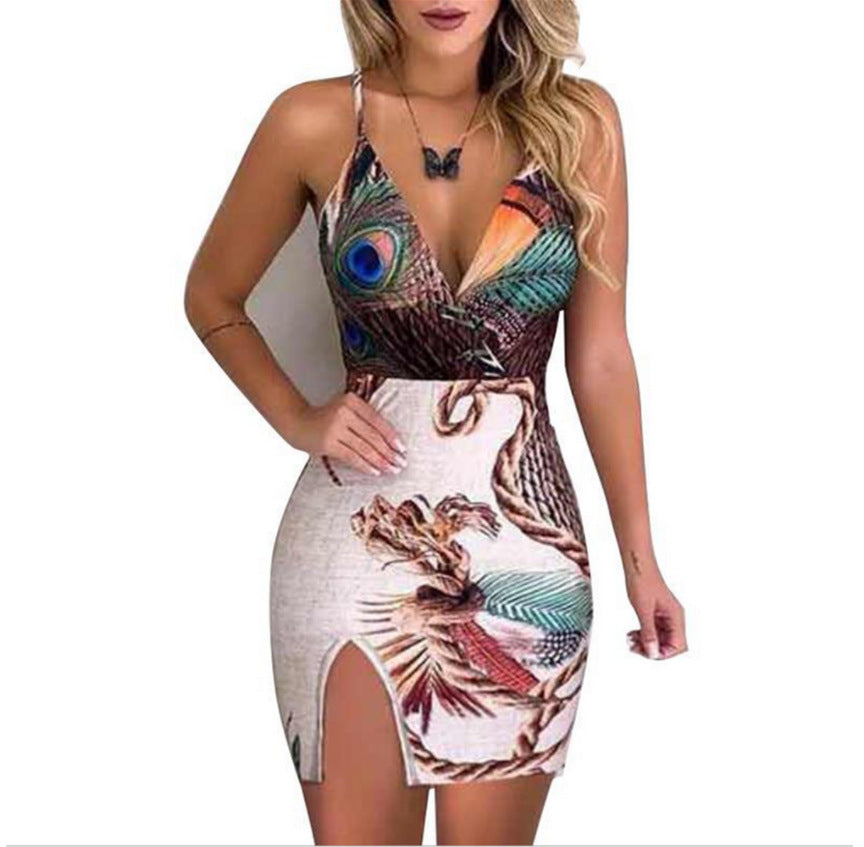 Caroline – Elegantes Damen-Slingkleid mit V-Ausschnitt und Pfauenmuster