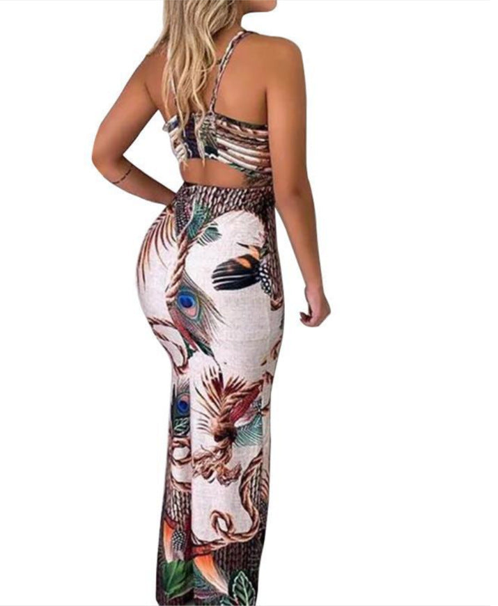 Caroline – Elegantes Damen-Slingkleid mit V-Ausschnitt und Pfauenmuster