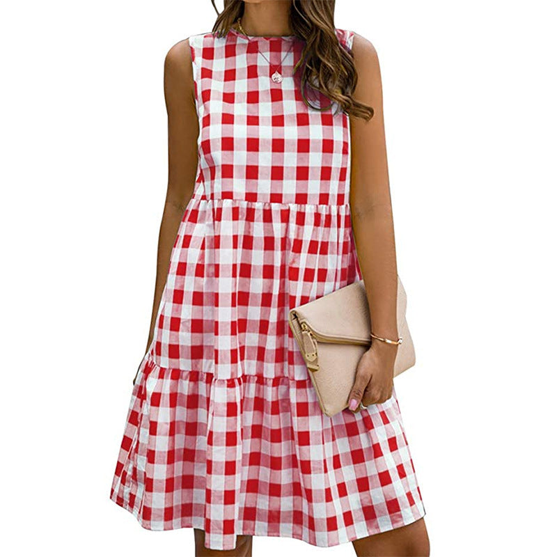 Kathryn – Lockeres Taillenfreies Damen-Kurzrock-Kleid mit schwarzem Karomuster