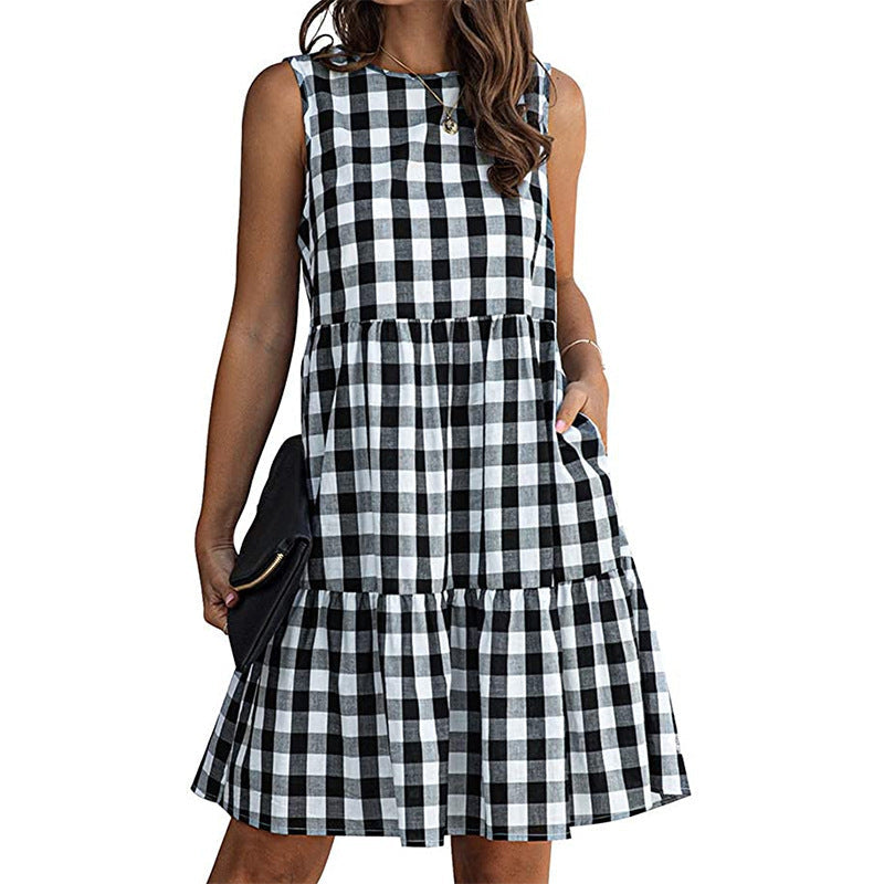 Kathryn – Lockeres Taillenfreies Damen-Kurzrock-Kleid mit schwarzem Karomuster