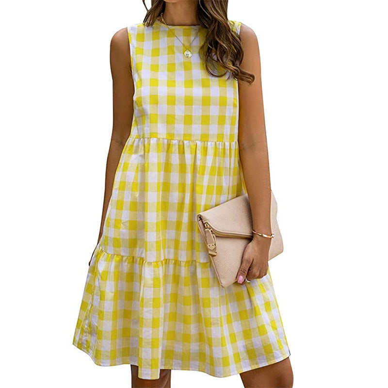 Kathryn – Lockeres Taillenfreies Damen-Kurzrock-Kleid mit schwarzem Karomuster