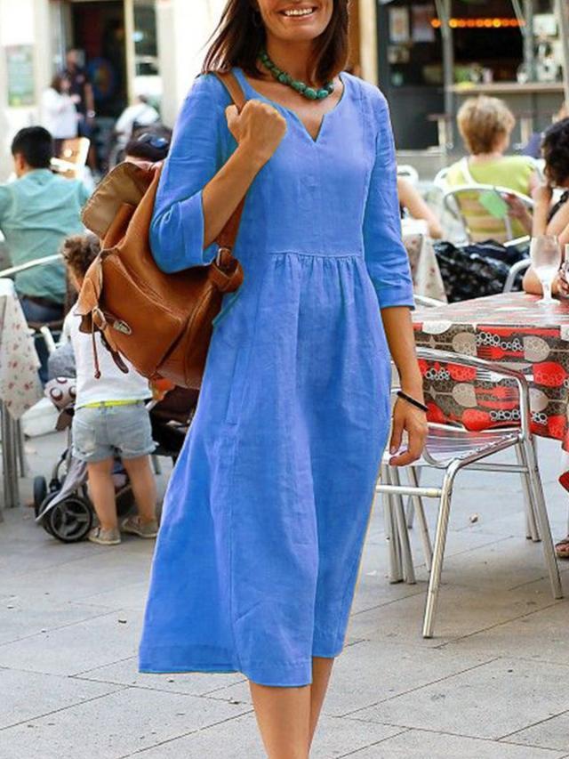 Damen Leinenkleid mit V-Ausschnitt und 3/4-Ärmeln – Elegantes Freizeitkleid für Alltag und Urlaub