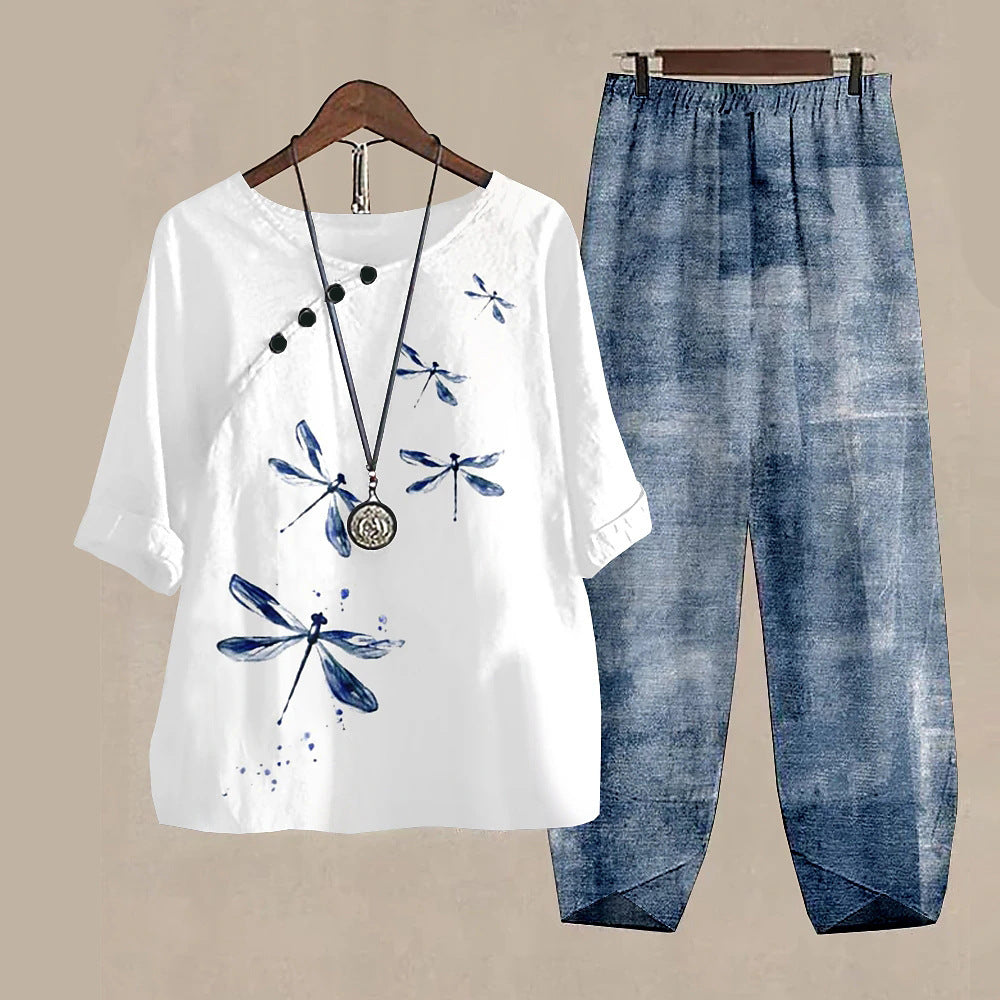 Damen Freizeit Zweiteiler Set – Lockeres Oberteil mit Libellen-Print und Asiatisch Inspirierten Hosen, Modisch für Alltag und Urlaub