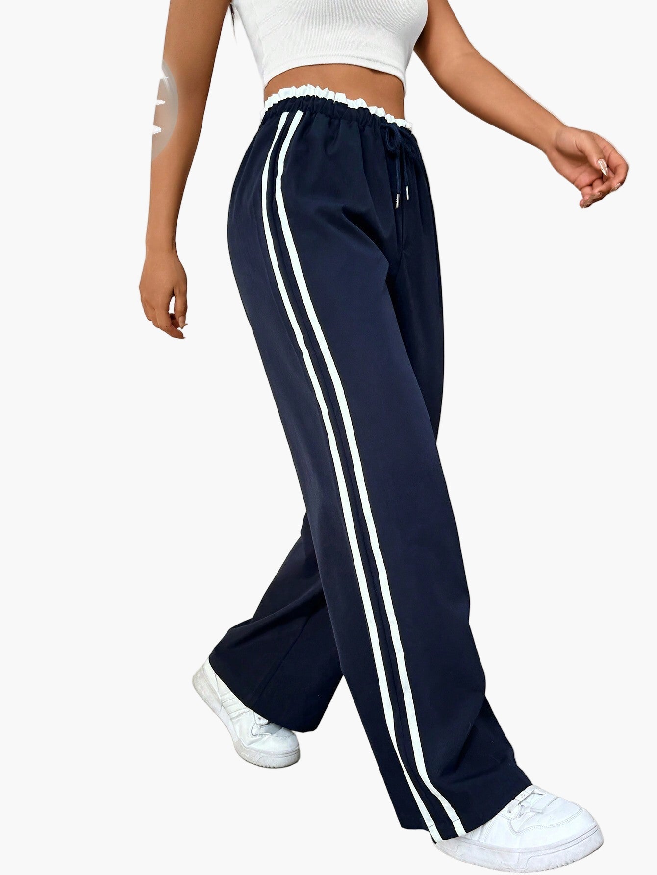Damen Sportliche Wide-Leg Jogginghose mit Doppelstreifen – Bequeme Streetwear Freizeithose