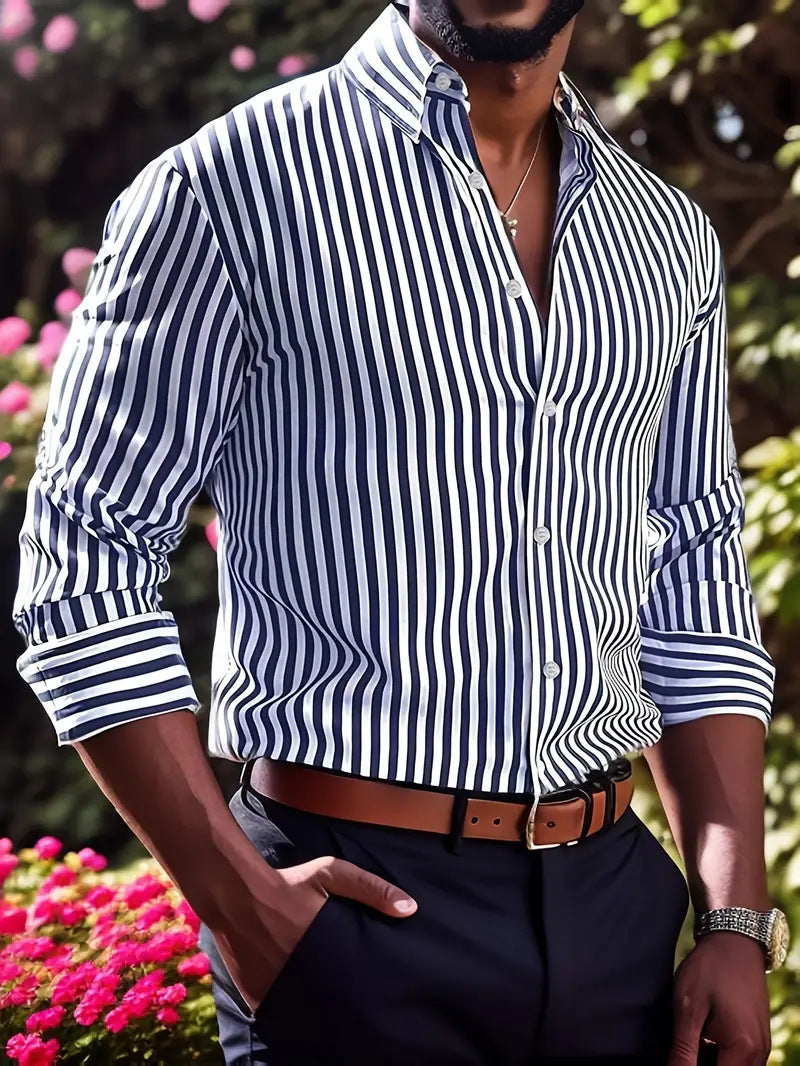 Herren Business Freizeit Hemd mit Streifenmuster – Elegantes Langarmhemd für Alltag und Büro
