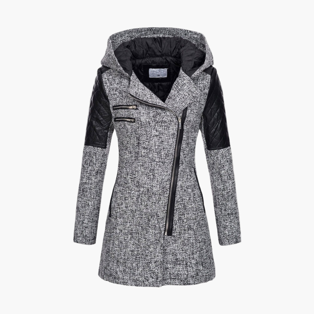 Damen Winter Mantel mit Kapuze – Modischer Tweed Kurzmantel mit Kunstleder-Details und Asymmetrischem Reißverschluss