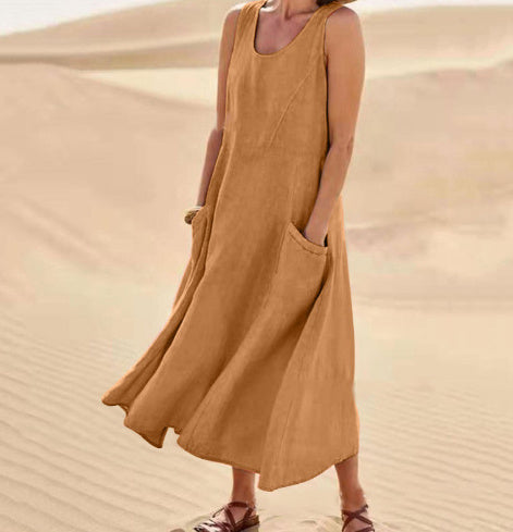 Marie – Langes ärmelloses Kleid mit Taschen