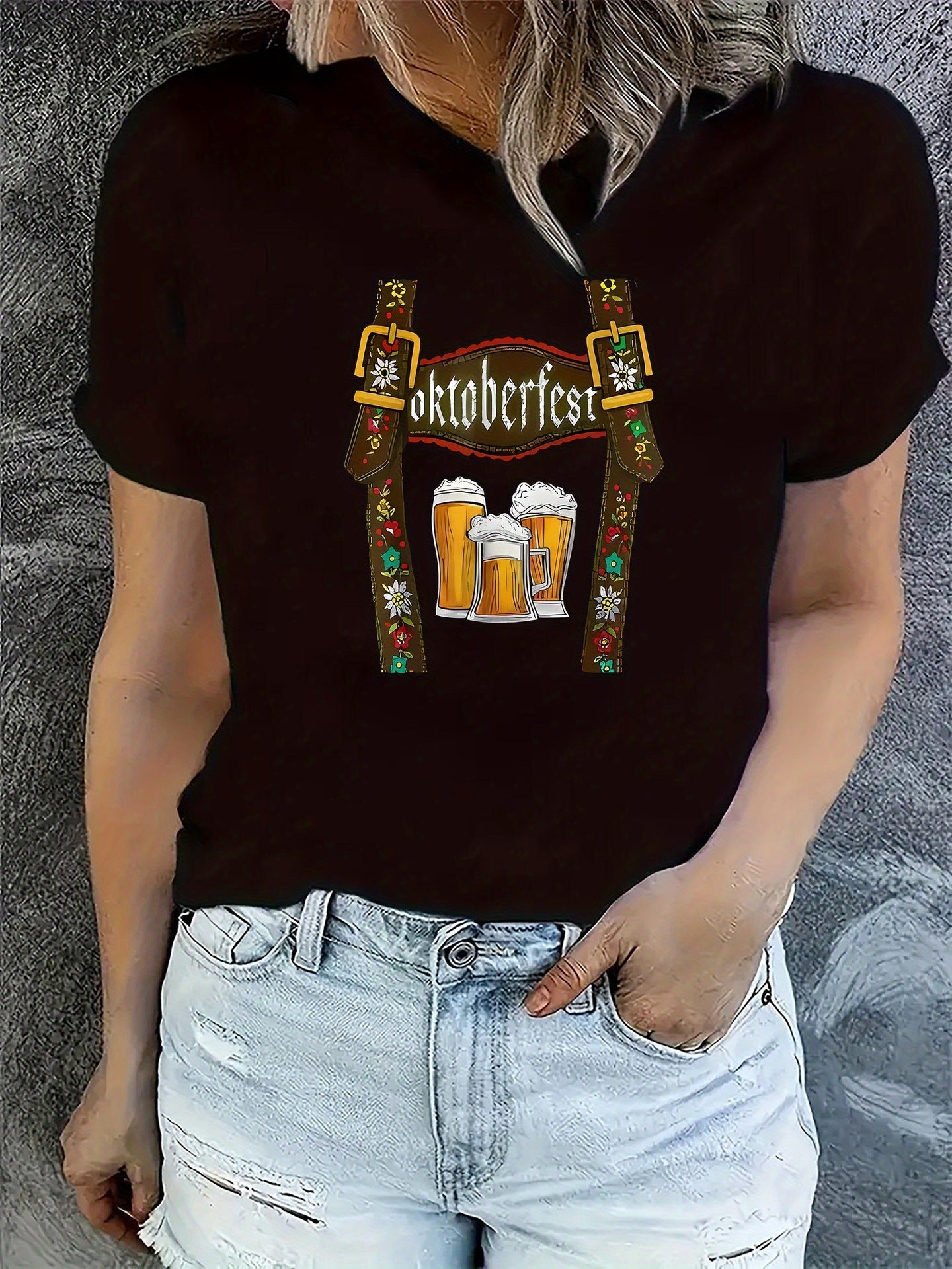 Damen Oktoberfest T-Shirt mit Bier Print – Lockeres Festivalshirt für Volksfeste & Partys