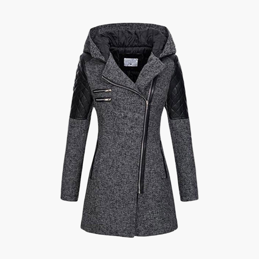 Damen Winter Mantel mit Kapuze – Modischer Tweed Kurzmantel mit Kunstleder-Details und Asymmetrischem Reißverschluss