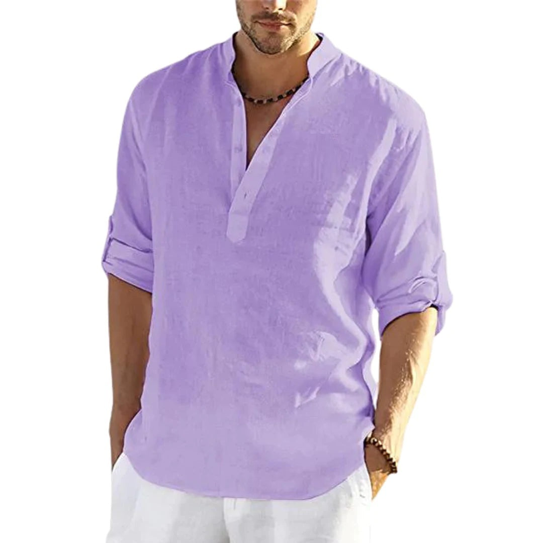 Herren Henley Shirt Langarm – Casual Sommerhemd mit Stehkragen für Freizeit, Büro und Urlaub