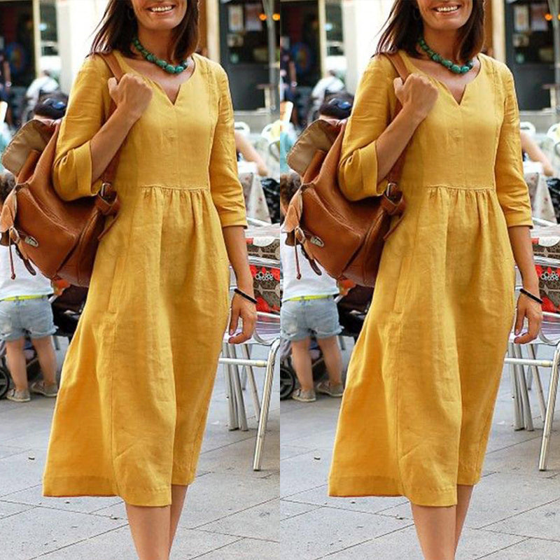 Damen Leinenkleid mit V-Ausschnitt und 3/4-Ärmeln – Elegantes Freizeitkleid für Alltag und Urlaub
