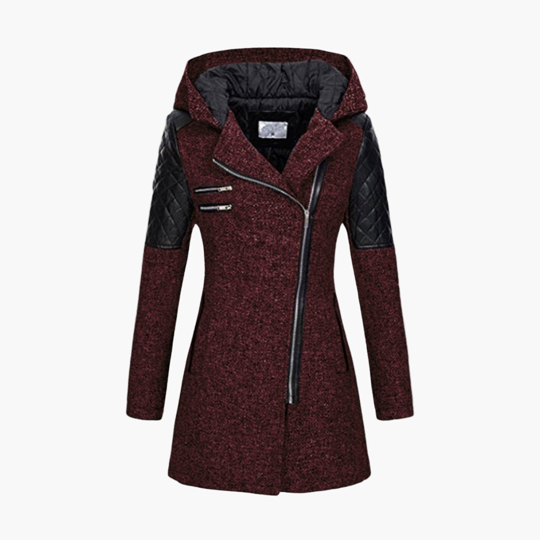 Damen Winter Mantel mit Kapuze – Modischer Tweed Kurzmantel mit Kunstleder-Details und Asymmetrischem Reißverschluss