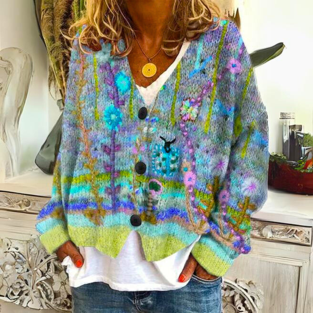 Damen Strickjacke im Boho-Stil mit floralen Akzenten – Modischer Cardigan für Freizeit und Alltag