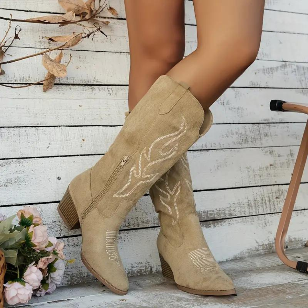 Damen Kniehohe Cowboystiefel Westernstil mit Absatz – Modische Vintage Stiefel für Alltag und Ausgehen