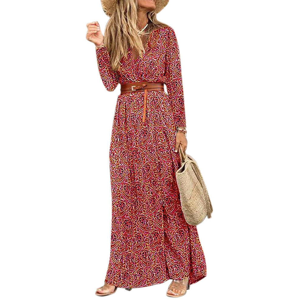 Sandra – Boho Blumenkleid mit V-Ausschnitt und langen Ärmeln