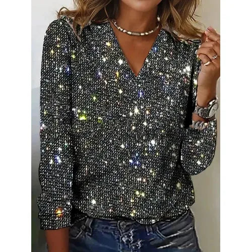 Damen Glitzer Pullover mit V-Ausschnitt – Eleganter Party- und Abend-Style