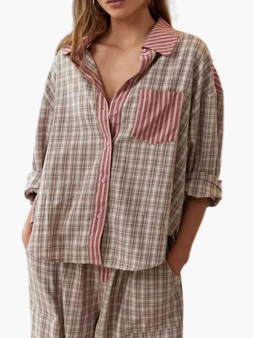 Damen Pyjama Zweiteiler – Modernes Streifen-Karo Design, Lässig & Bequem für Zuhause