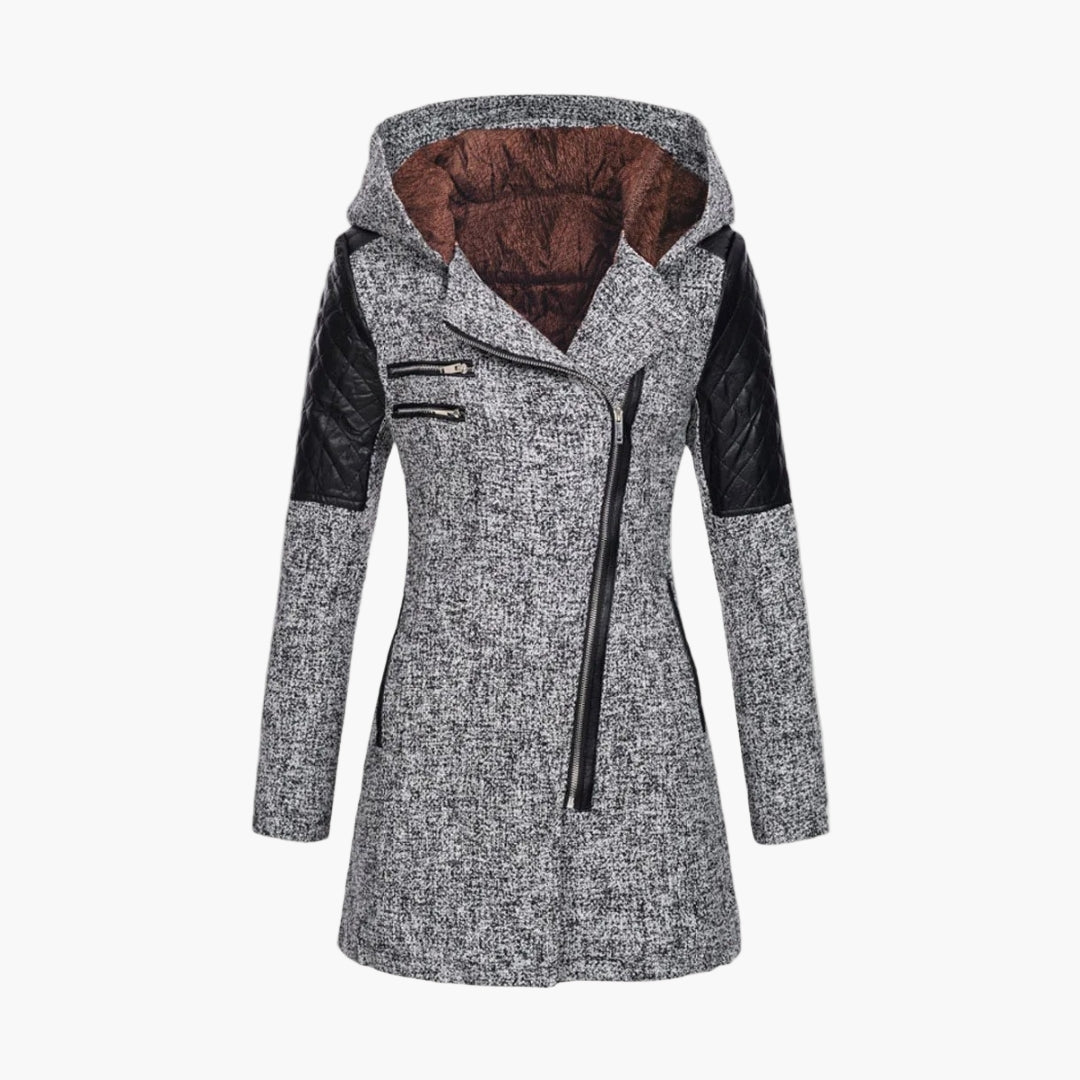 Damen Winter Mantel mit Kapuze – Modischer Tweed Kurzmantel mit Kunstleder-Details und Asymmetrischem Reißverschluss