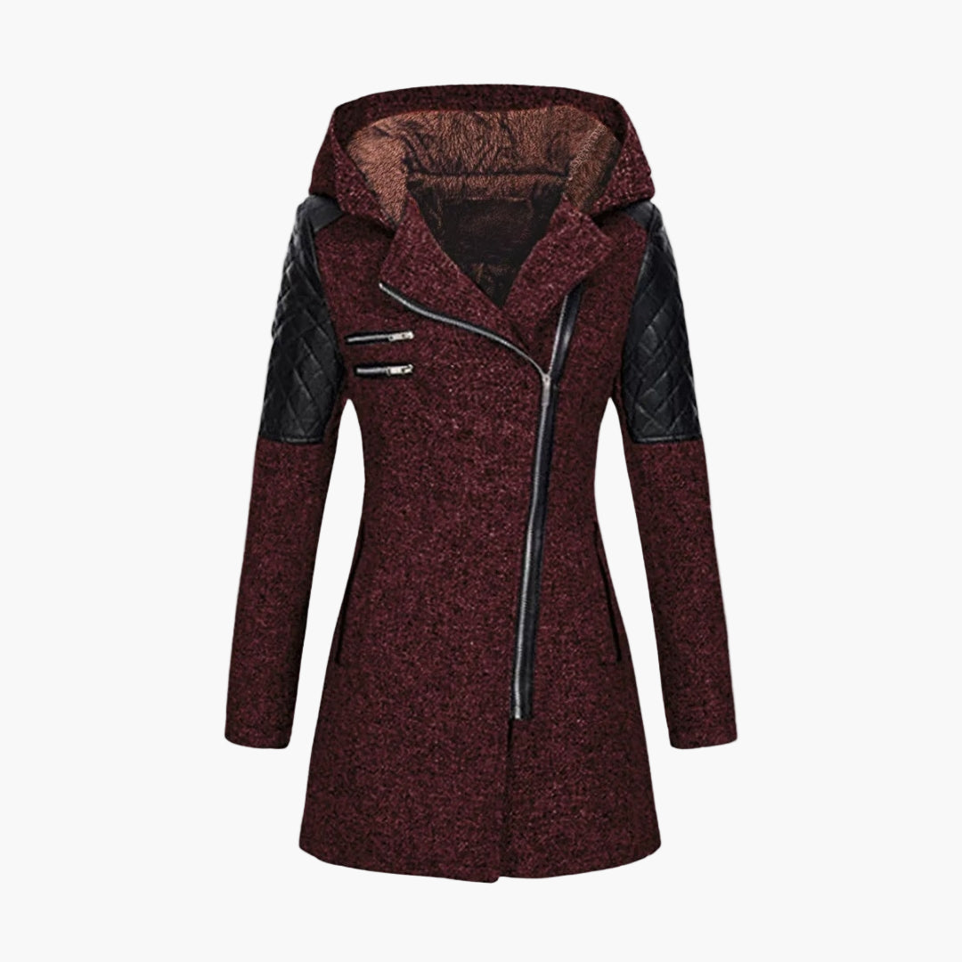 Damen Winter Mantel mit Kapuze – Modischer Tweed Kurzmantel mit Kunstleder-Details und Asymmetrischem Reißverschluss