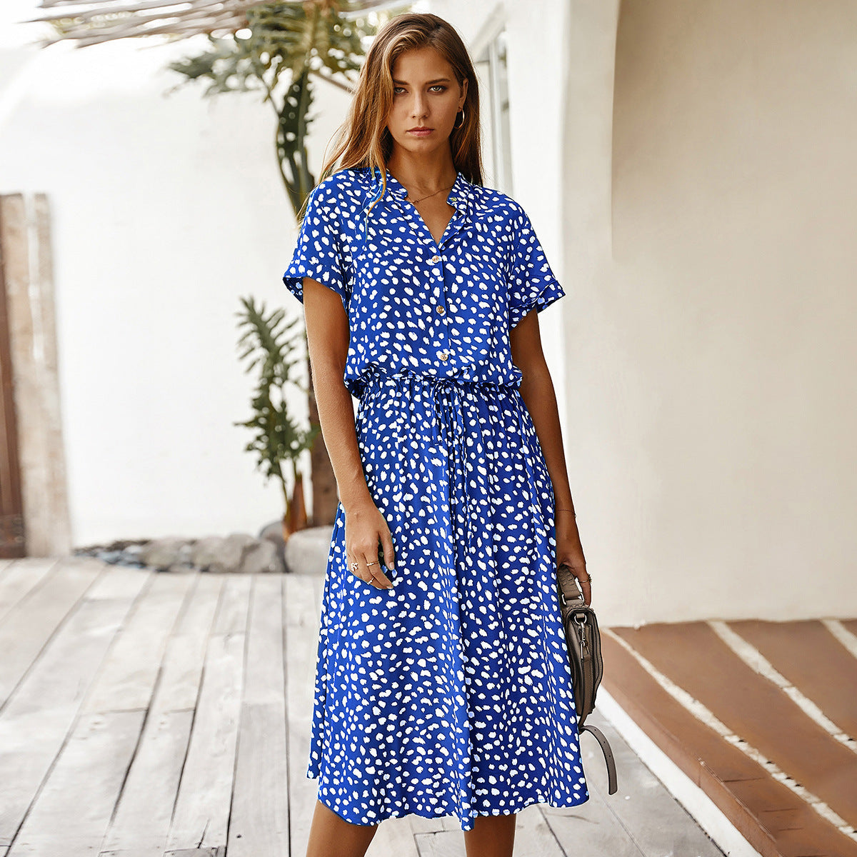 Damen Sommerkleid mit Punkten – Freizeit Midi-Kleid für Urlaub, Strand & Alltag