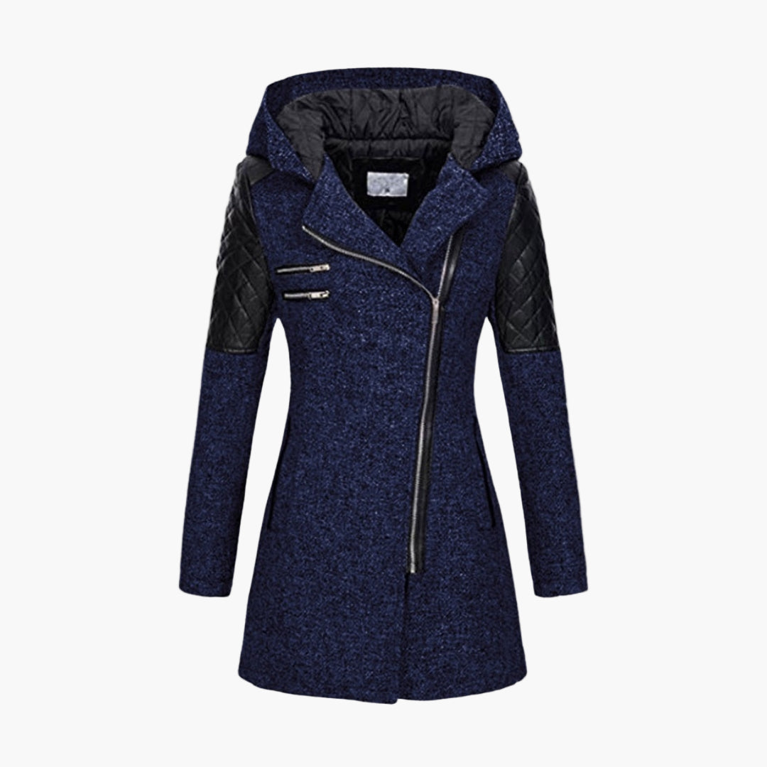 Damen Winter Mantel mit Kapuze – Modischer Tweed Kurzmantel mit Kunstleder-Details und Asymmetrischem Reißverschluss