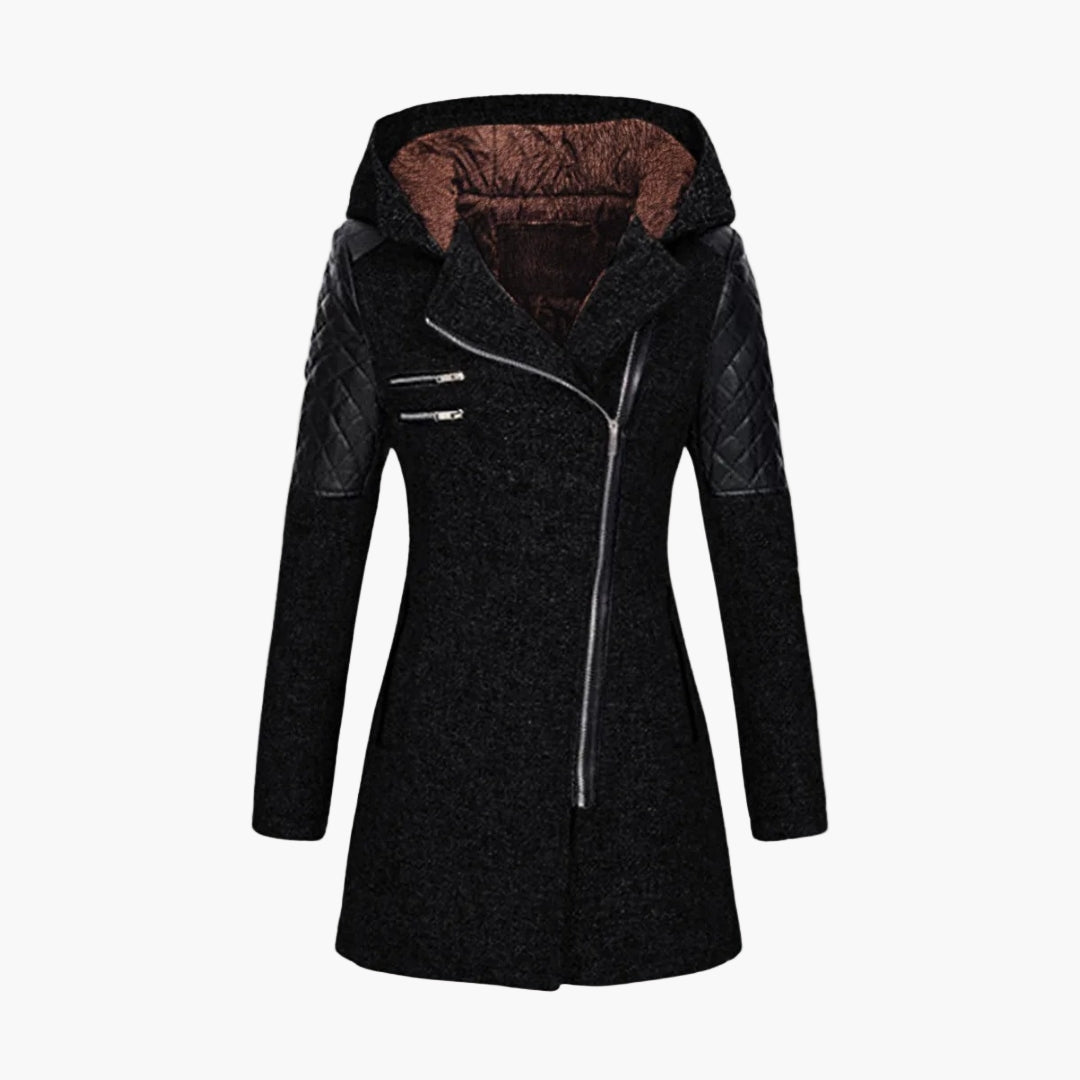 Damen Winter Mantel mit Kapuze – Modischer Tweed Kurzmantel mit Kunstleder-Details und Asymmetrischem Reißverschluss