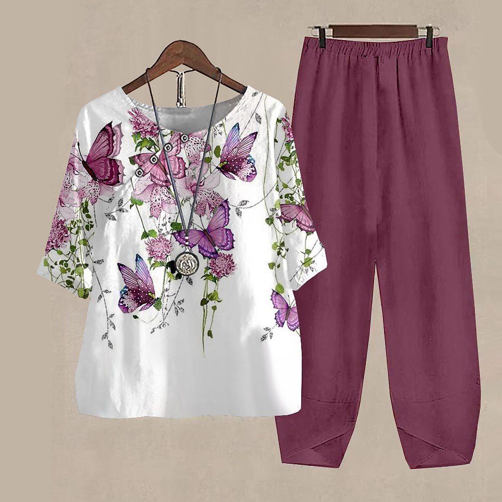 Damen Freizeit Zweiteiler Set – Lockeres Oberteil mit Libellen-Print und Asiatisch Inspirierten Hosen, Modisch für Alltag und Urlaub