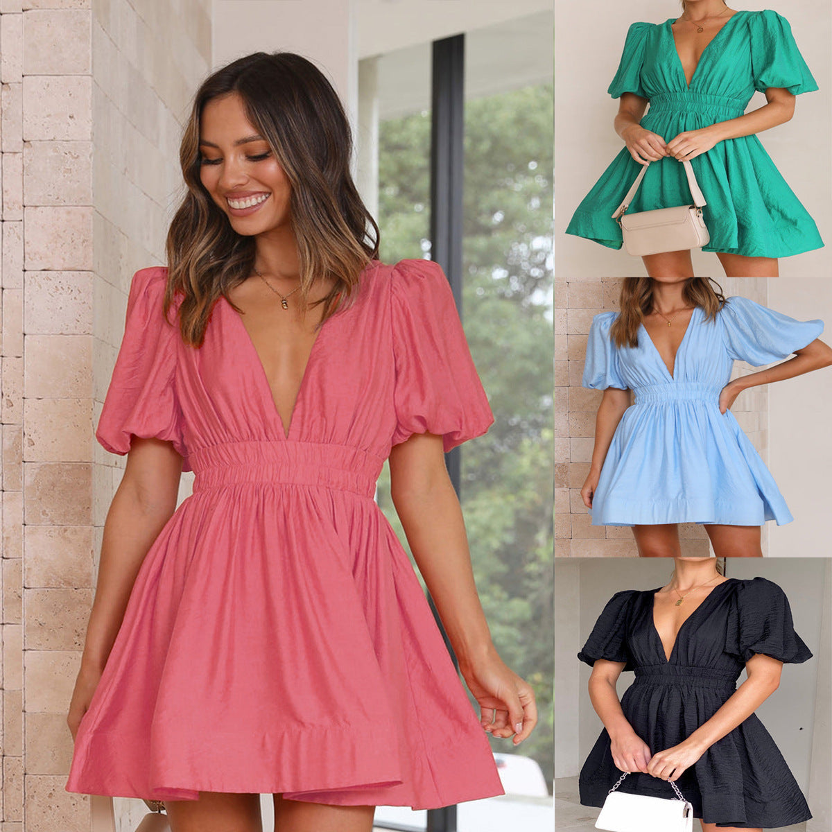 Sophia – Kurzes Kleid mit V-Ausschnitt und Laternenärmeln