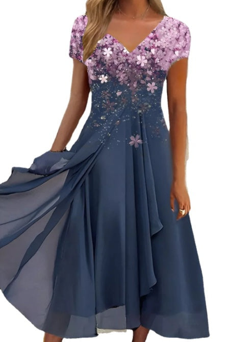 Damen Elegantes Chiffonkleid mit Blumenmuster und V-Ausschnitt – Festliche A-Linien Sommermode