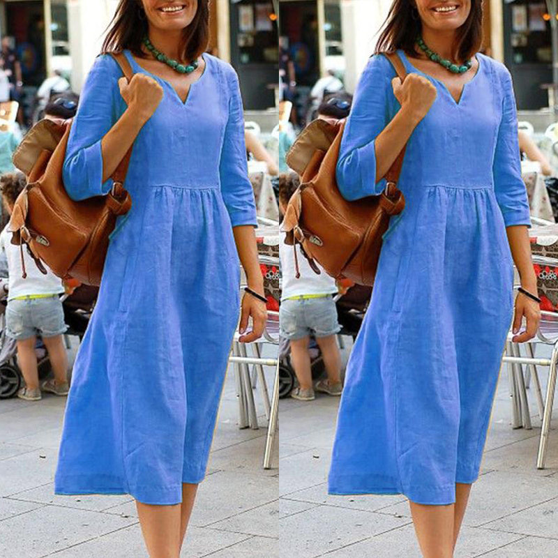 Damen Leinenkleid mit V-Ausschnitt und 3/4-Ärmeln – Elegantes Freizeitkleid für Alltag und Urlaub